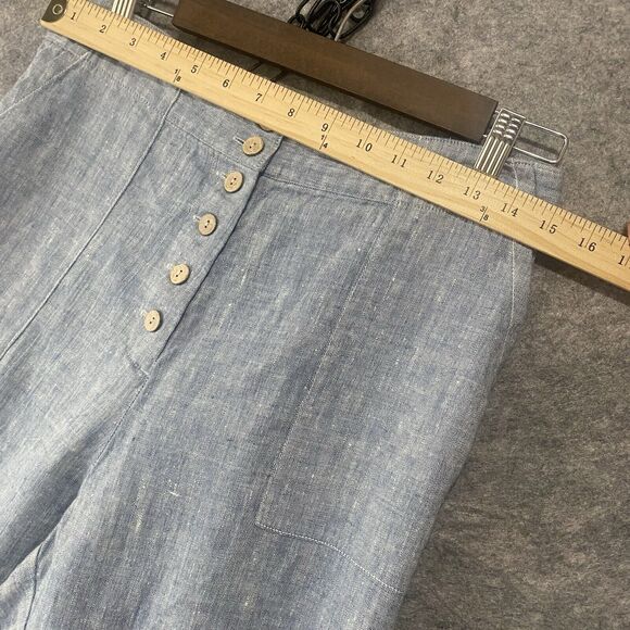 Magic Linen Crop Pants Womens Sz M Blue‎ 100% Linen Pockets Button Close Elastic - Picture 6 of 8